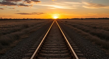 Railway tracks disappearing into the horizon as the sun sets beautifully.