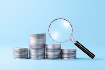 A savings analysis concept, magnifying glass focusing on rising stacked coins with blue background, for Advertise, for banner, with copy space