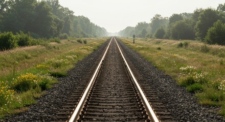 Fototapeta premium Railway tracks stretching into the distance, flanked by grassy fields and trees.