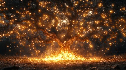Enchanted Burning Tree: A Night of Mystical Fireflies