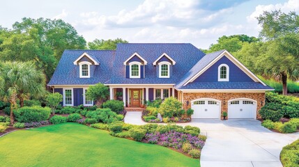 Suburban house exterior with garden landscape. Residential home property with lawn and garden. Architecture residence, landscape design, upscale neighborhood, realty usage.