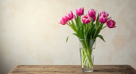 A vibrant bouquet of pink tulips sits in a clear glass vase on a wooden table.