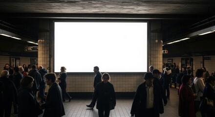 A large blank screen in a subway station, surrounded by people.
