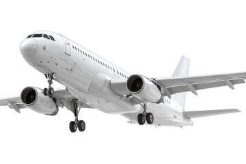 White passenger jet plane flying isolated on white background
