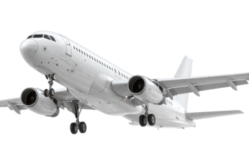 White passenger jet plane flying isolated on white background