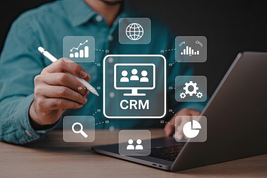 Businessman interacting with a digital crm interface showcasing customer relationship management concepts and business analytics icons