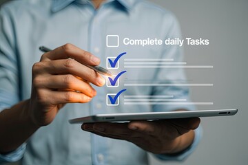 Close up of a person s hands holding a tablet and marking off completed tasks on a digital checklist with a stylus