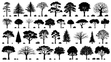 Set of 100 top-down tree silhouettes arranged alphabetically by species. Each silhouette is black, highly stylized, and simplified for easy visual comparison. The image has a clean, textbook aesthetic