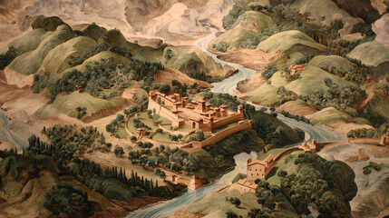 Obraz premium River curving around hills with ancient village enclosed by walls