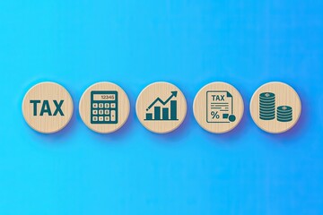 Conceptual icons representing tax calculation financial growth tax document and money savings arranged in a row on a blue background