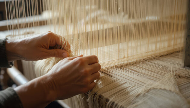 Skilled artisan hands meticulously weaving natural fiber threads on a traditional wooden loom to