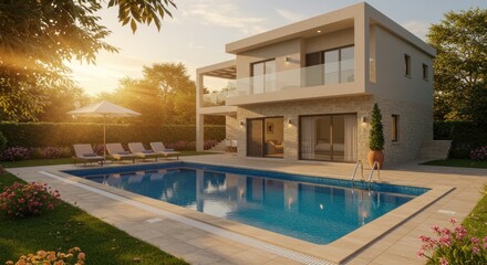 Fototapeta premium Luxurious modern villa with a swimming pool, surrounded by lush landscaping.