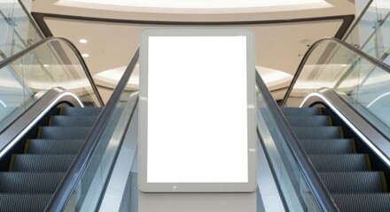 Blank advertising screen between escalators in a modern shopping mall.