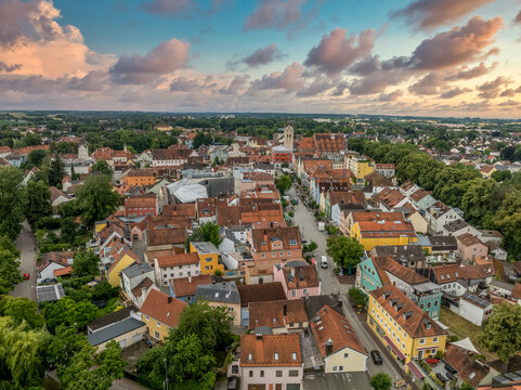 Aerial view of Erding, medieval town center in Bavaria Germany, colorful sunset sky