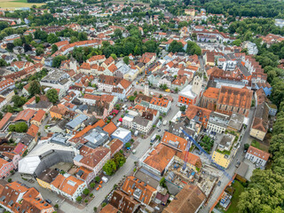 Aerial view of Erding, medieval town center in Bavaria Germany, traditional houses on main street,Gothic Parish