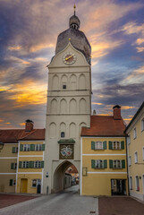 Prominent Schöner Turm (Beautiful Tower), a surviving part of the original city wall in Erding, Germany sunset sky