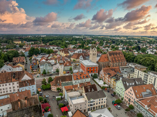 Aerial view of Erding, medieval town center in Bavaria Germany, colorful sunset sky