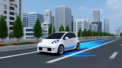 Self-driving electric car on smart city road, advanced navigation and sensors visible, clean technology concept, for Advertise, for banner, with copy space