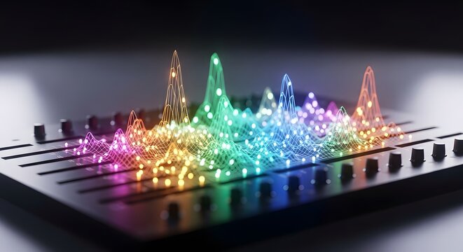 Abstract Sound Mixing Board With Multicolored Waveforms Glowing Against A Dark Background