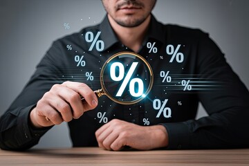 Man holding a magnifying glass over a glowing percentage symbol surrounded by other percentage symbols representing financial analysis and discounts