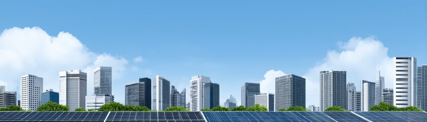 Urban solar energy integration concept, Rooftops filled with solar panels in clean, modern cityscape under bright blue sky, for Advertise, for banner, with copy space