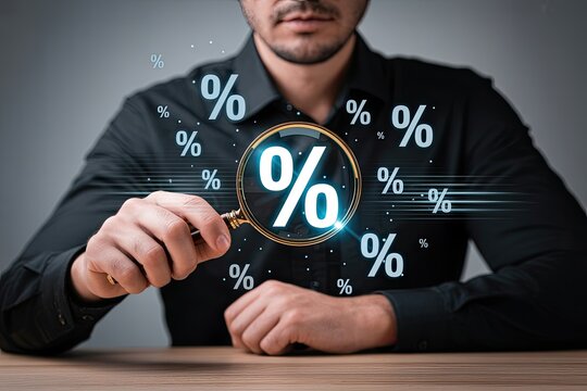 Man holding a magnifying glass over a glowing percentage symbol surrounded by other percentage symbols representing financial analysis and discounts - Powered by Adobe