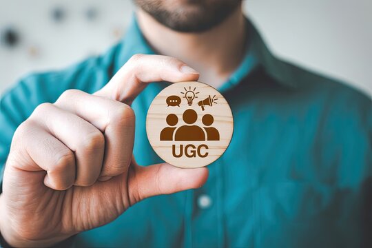 Man holding a wooden circle with ugc logo and icons representing communication ideas and promotion symbolizing user generated content strategy