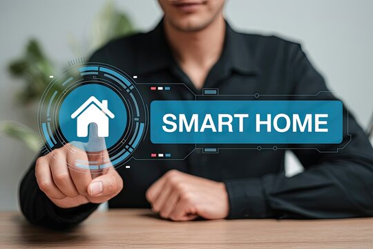 Person s finger activating smart home technology interface on a futuristic digital display