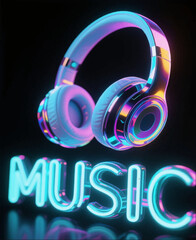 3D illustration of audio headphones and a glowing neon inscription Music on a black background. Vector graphics. EPS.