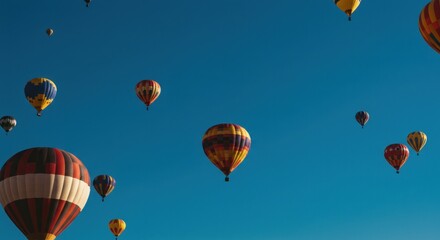 Obraz premium Many colorful hot air balloons float in a clear, bright blue sky.