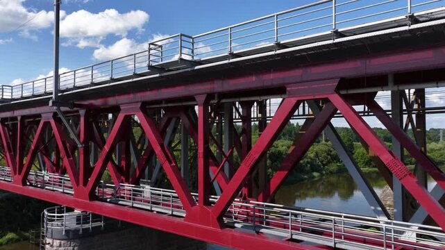 Close-Up of Modernized Railway Tracks on Steel Truss Bridge in Jonava, Lithuania