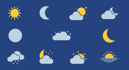 Minimalist Weather Forecast Icons Depicting Sun, Moon, and Clouds for Weather App UI Design