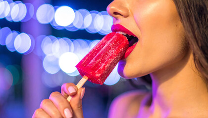 Close-up de mujer comiendo paleta roja con luces desenfocadas de fondo, imagen vibrante que resalta sabor dulce, glamour nocturno y alegría espontánea