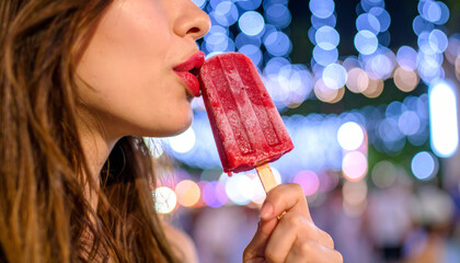 Close-up de mujer comiendo paleta roja con luces desenfocadas de fondo, imagen vibrante que resalta sabor dulce, glamour nocturno y alegría espontánea