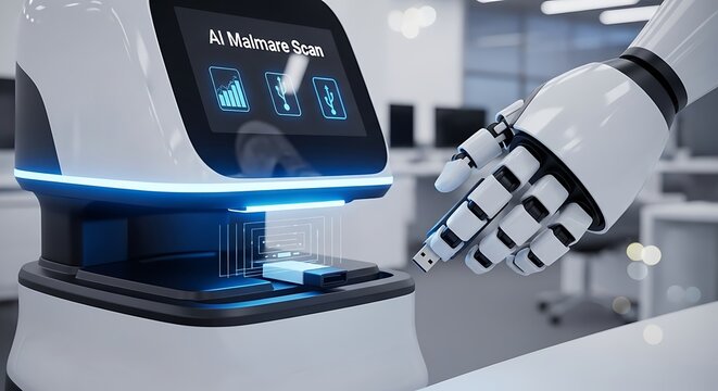 Robot hand inserting usb drive into ai malware scanner