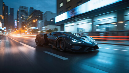 Fototapeta premium Sleek dark blue sports car in motion on winding city road at dusk. City ambient lights, car headlights shine on road. Tall buildings with windows reflecting city lights. Car wash on road. Urban