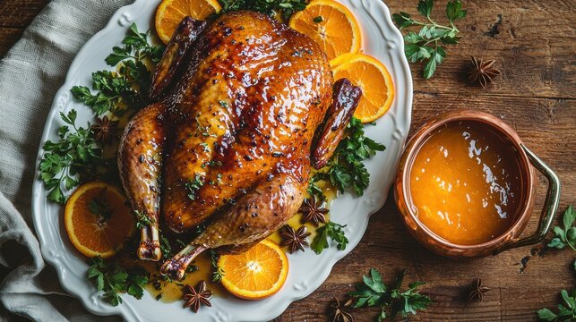 Orange glazed duck roasted to perfection with caramelized skin and rich color, garnished with fresh oranges and aromatic spices, sauce bowl on wooden background