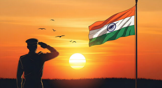 Indian Soldier Saluting at Sunset: Kargil Vijay Diwas Tribute