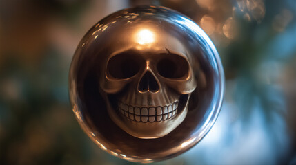 Artistic closeup of joyful person in sugar skull makeup reflected in glass ornament