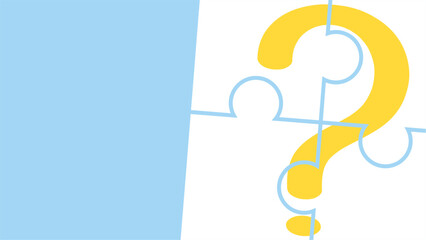 Yellow question mark divided across four puzzle pieces on a blue background, symbolizing problem-solving or finding answers.