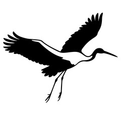 Black silhouette of a graceful stork bird in flight against a white background