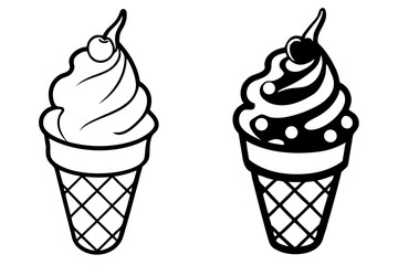 Two stylized black and white ice cream cones with cherries on top