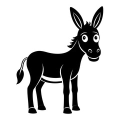 Cute cartoon black donkey standing and looking forward with big eyes