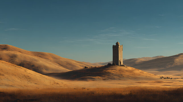 Solitary tower in undulating sunlit pastures under clear sky