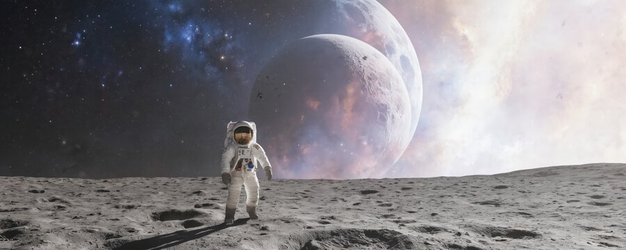 Astronaut stands on moon surface wearing white spacesuit with iconic logos. Head is tilted to left, looking at space rocks in background. Serene galaxy sky with stars in the backdrop.