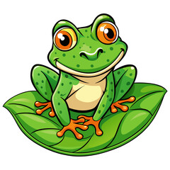 Cute cartoon green frog with big orange eyes sitting on a large green leaf