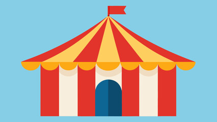 Classic red and yellow striped circus tent with blue door and red flag