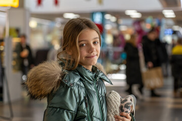 A charming young child in a green winter coat, holding warm accessories, smiling gently indoors