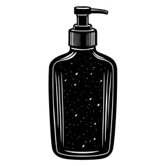 Black and white illustration of a pump dispenser bottle with speckled liquid inside