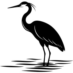 Elegant black silhouette of a heron standing in shallow water with stylized ripples